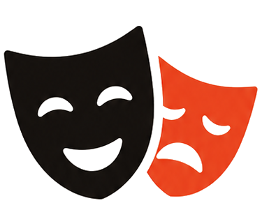 Zwei Theatermasken — lachend in Schwarz, weinend in Orange